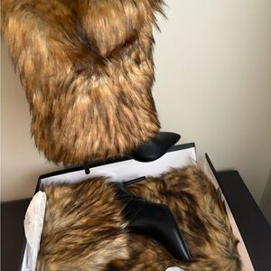 Faux Fur Heeled Boots - Brown and Black